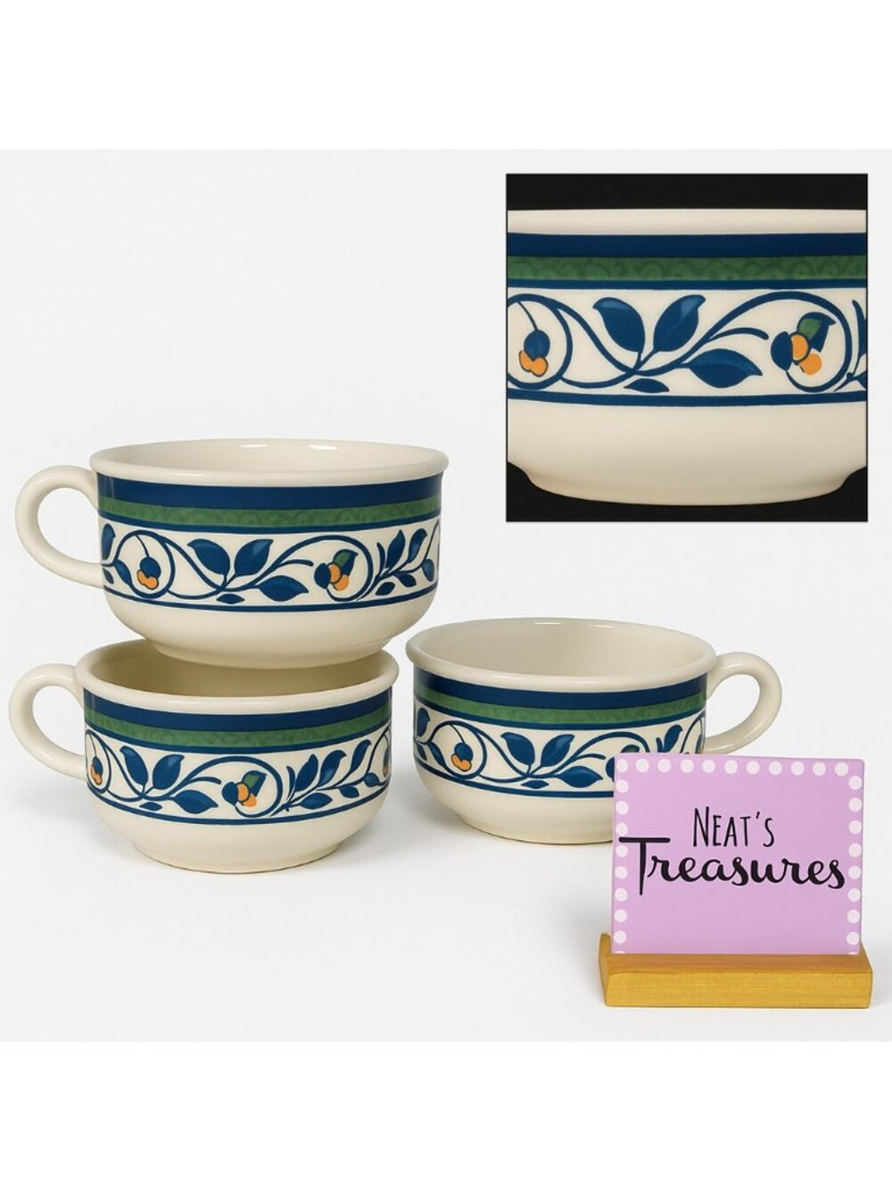 Pfaltzgraff ORLEANS #280 USA Blue Green Vines Yellow Stoneware Soup Mugs Set 3